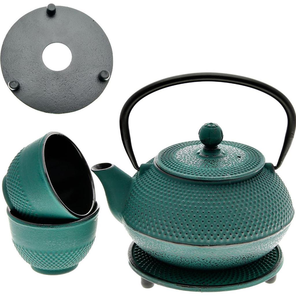 CAST IRON KETTLE 1.5L TEAPOT 4x CUPS INFUSER PADS TEA STRAINERS