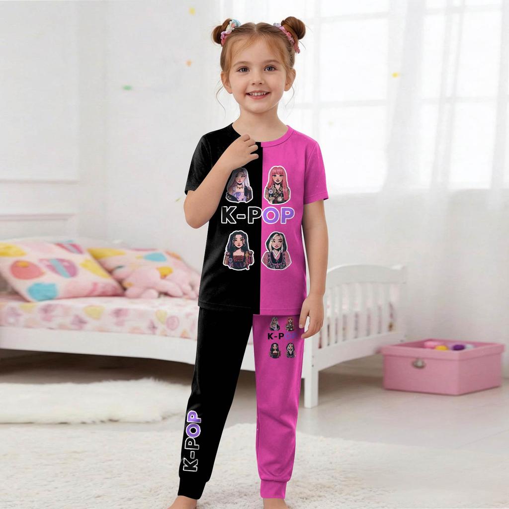 Kids Fashion Outfit Set Round Neck Short Sleeve Top and Pants Printed Design Comfortable Fit Suitable for Daily Wear and Playtime