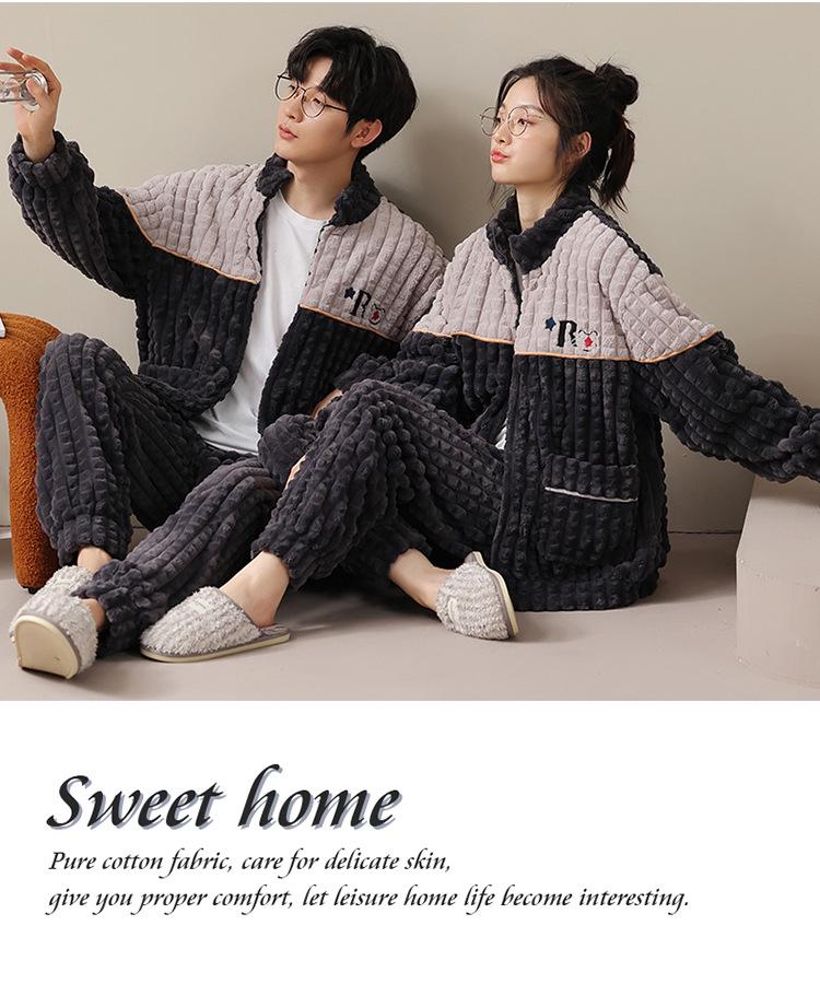 Couple's Cozy Pajama Set: Women's Autumn Winter Coral Fleece & Men's Thickened Plus Velvet Flannel Homewear