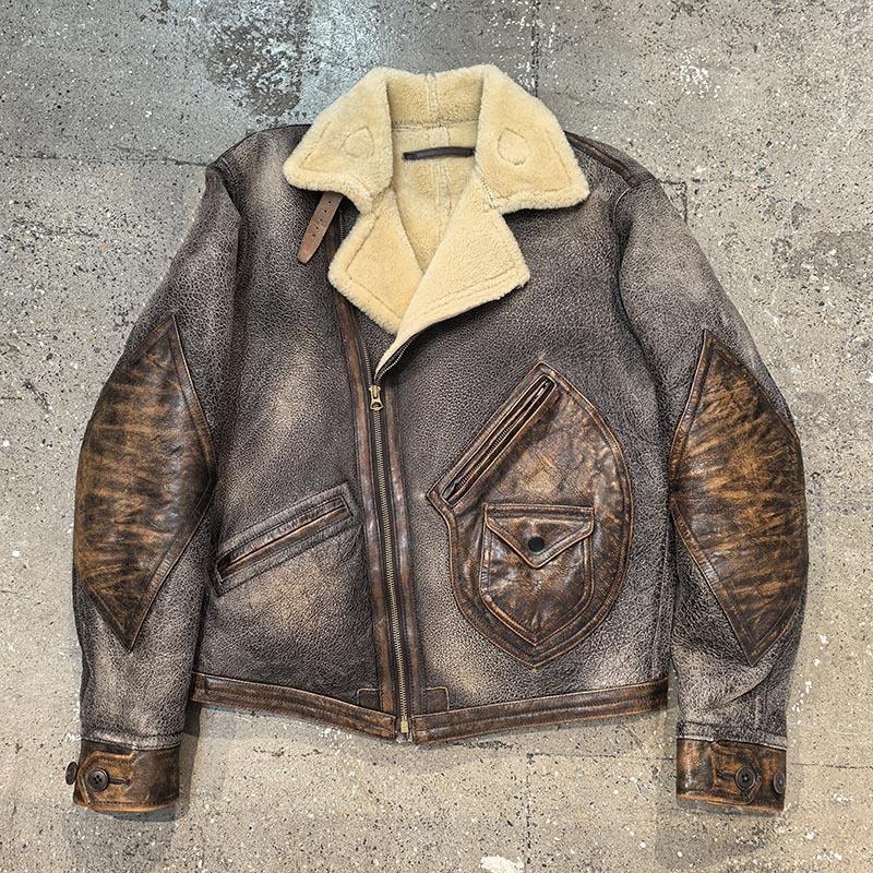 Replica RL retro casual fur integrated men's lapel oblique zipper heavy wash make old fur integrated coat