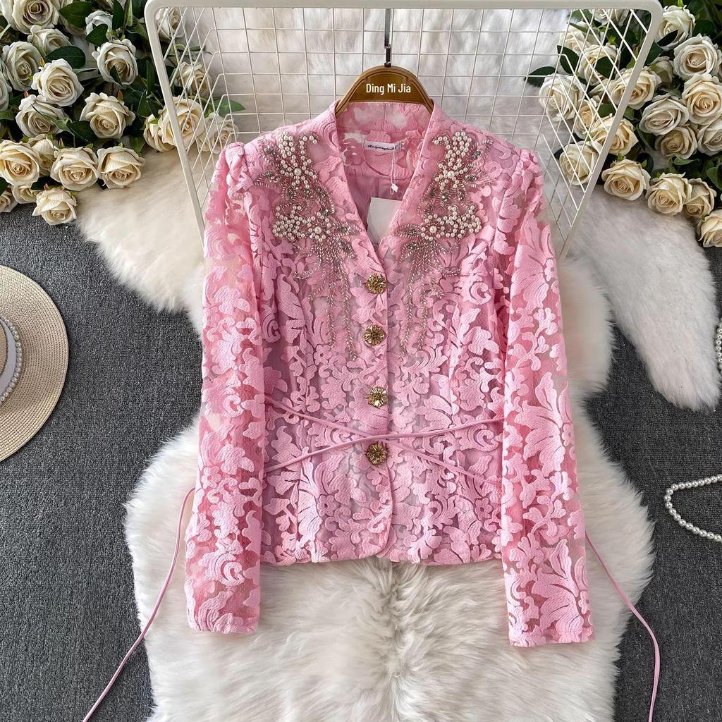 Women's Elegant Embroidered Beaded Lace V-Neck Shirt & Pleated Long Skirt Set