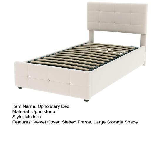 Paturi Copii 90 x 200cm Tapițerie Tăblie Reglabilă pe Înălțime Spațiu Mare Ergonomic Depozitare Hidraulică