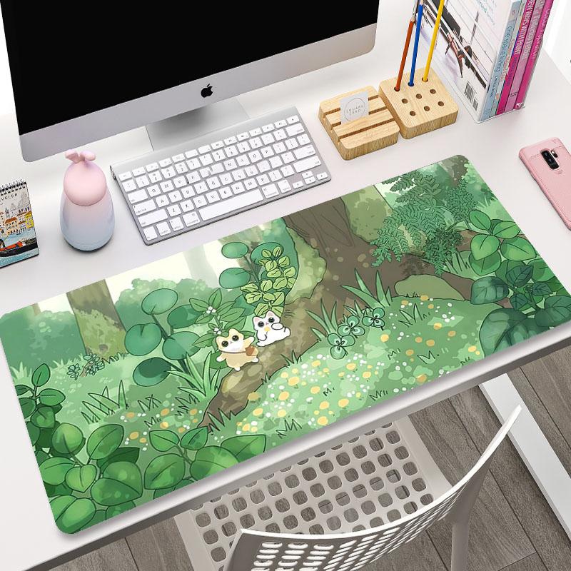 Niedliche Katze Großes Gaming-Tastatur-Mauspad XL Grüne Pflanze Computer-Gamer-Tablet-Mauspad Langes Mauspads XXL x Spiel-Mausmatten