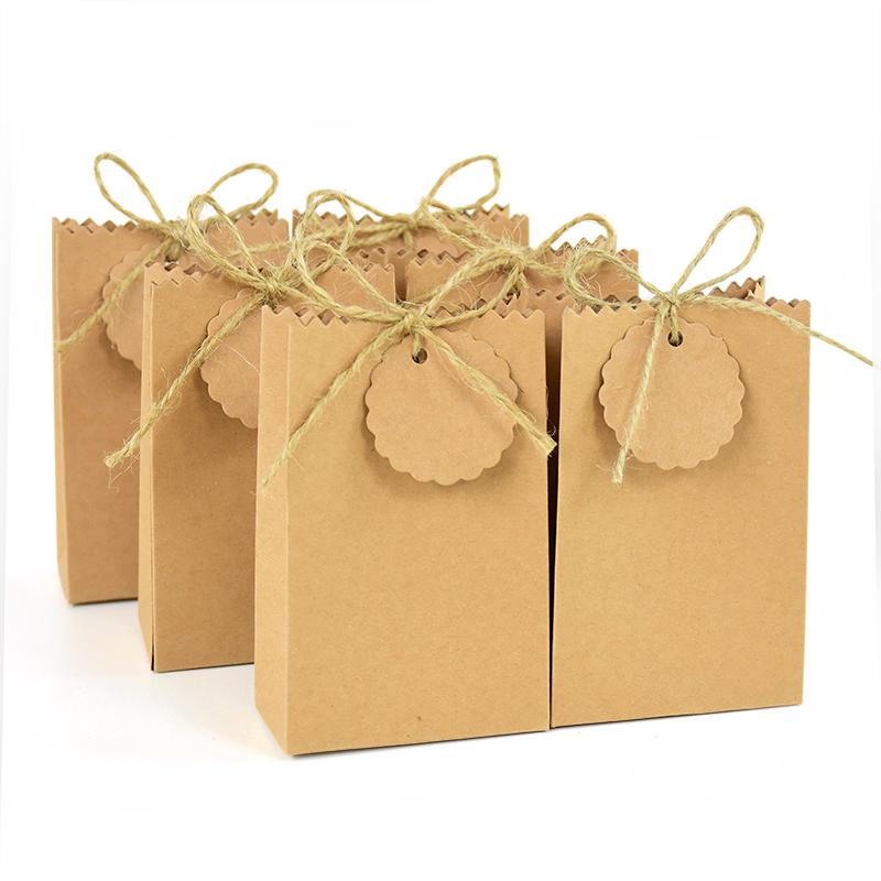 20/50pcs Kraft Paper Gift Box with Ribbon Tags Cookie Candy Packaging Bag Wedding Birthday Party Decor Supplies Christmas Gifts
