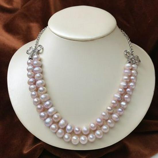 Double Layer Bow Knot Natural Pearl Necklace: White, Pink, Purple Pearls 6-8mm