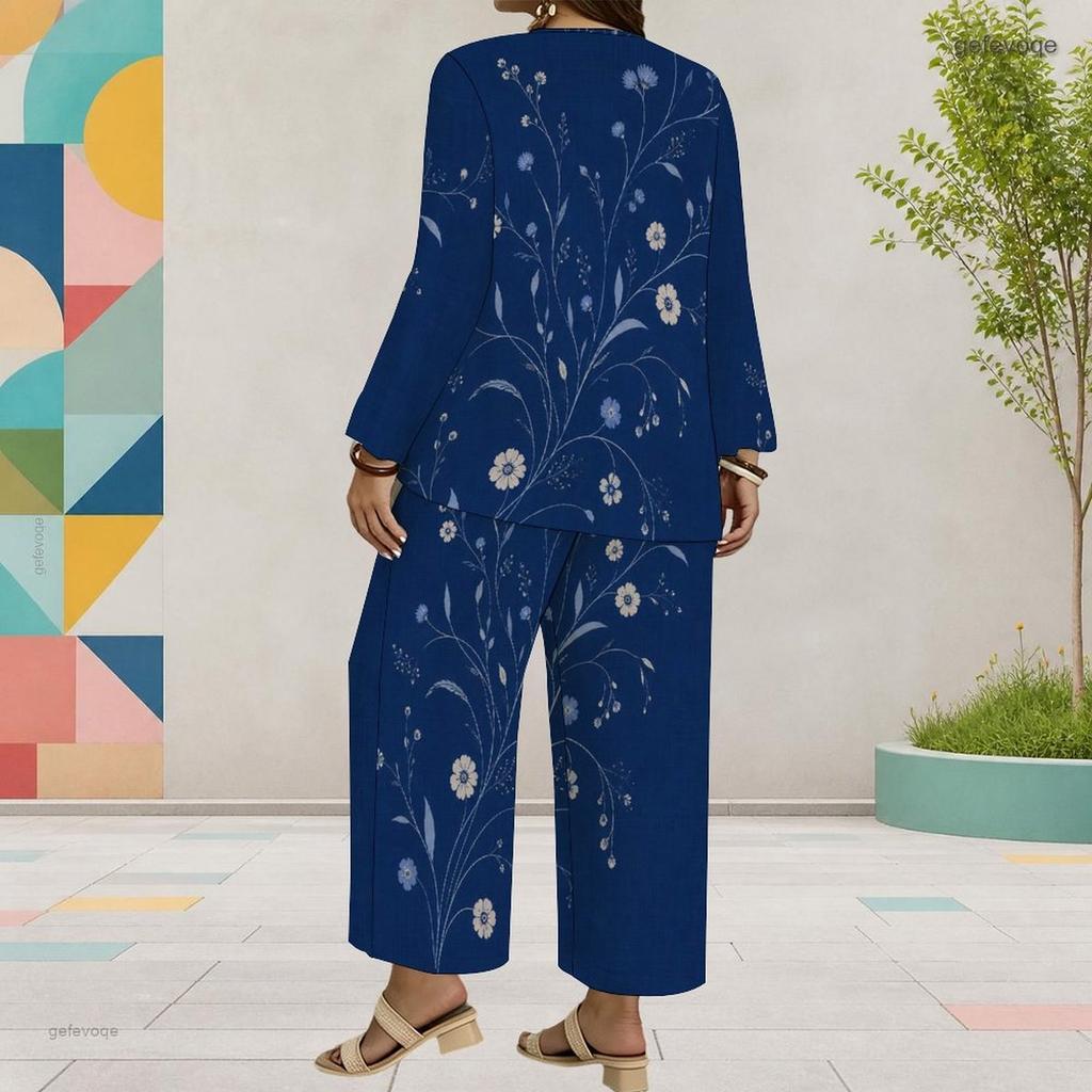 Women Plus Size Two Piece Pants Set Round Neck Long Sleeve Printed Dark Blue Layered Top Wide Leg Pants