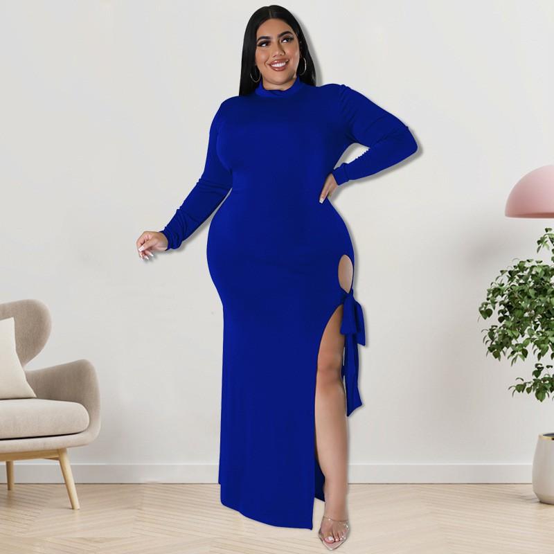 Plus Size Womens Long Sleeve Knit Dress With Zipper Tie Detail Irregular Hem Midi To Maxi In Solid Colors