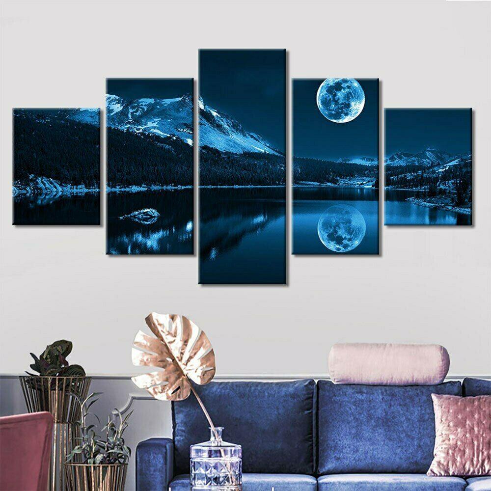 5Pcs Landscape Lake Moon Night Decor Canvas Paintings Wall 5 Panel Modern Abstract Pictures Art Home Decor No Framed