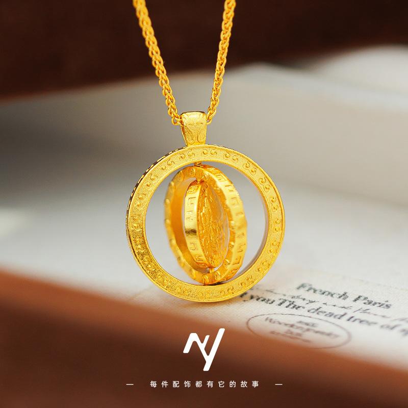 Luxury 24K 9999 Pure Gold real gold Women's Rotatable Three-Circle Yellow God of Wealth Pendant Rotatable Pendant Necklace