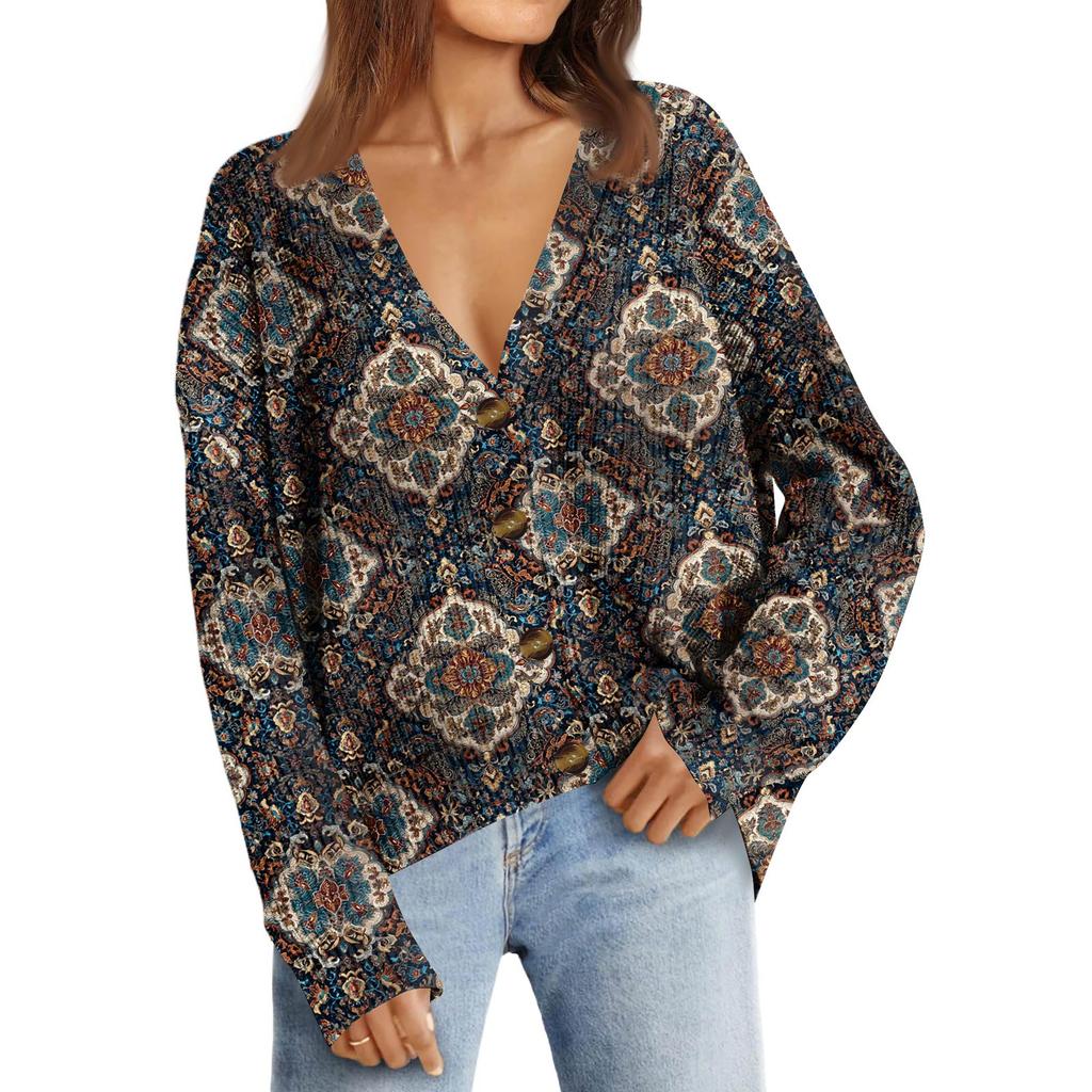Women's Fashion Long Sleeve Christmas Print V-Neck Button Loose Cardigan Top