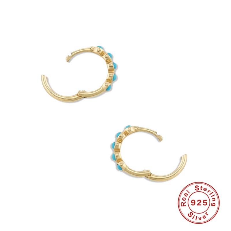 Sterling Turquoise Inlay Stud Earrings Geometric Circle Hoop Minimalist Fashion Jewelry Women