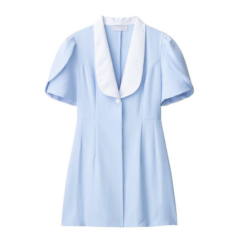 Summer New Product Women's Clothes French Style Design Lapel Puff Short Sleeve One Button Waist Tight Suit Dress