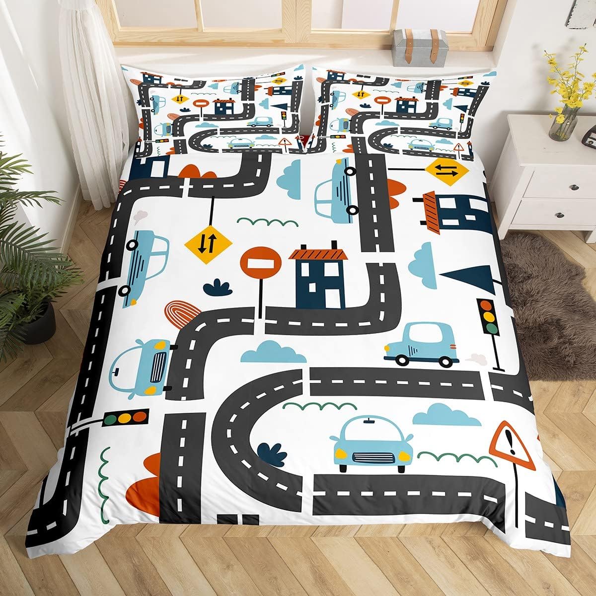 

Cartoon Cars Duvet Cover Single Queen City Roads Bedding Set Hand Drawn Truck Bicycle Comforter Cover for Boys Teen Room Decor EU Single(135x200cm)