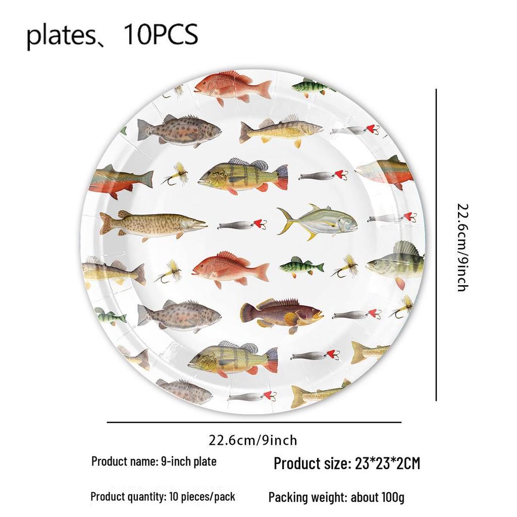 Cross-border Fishing Theme Party Supplies: Paper Plates, Flags, Napkins, and Creative Decorations Set