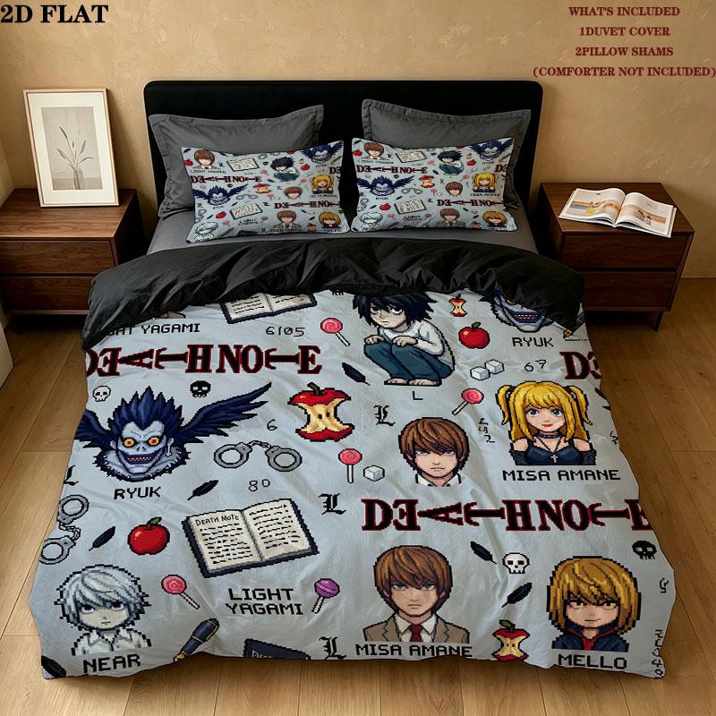Pościel z Wzorem Death Note Zestaw Kołdra Poszewka na Kołdrę Poszewka na Poduszkę Domowy Prezent Urodzinowy(1 * poszwa na kołdrę + 2 * poszewki na poduszki, bez rdzenia)