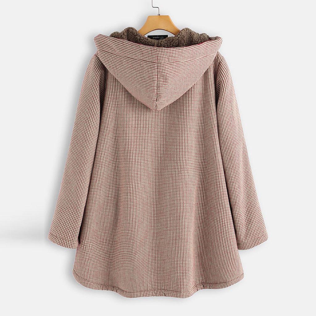 Women Winter Warm Outwear Lattice Printing Hooded Pockets Oversize Hasp Coats