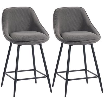 Conjunto de 2 Bancos Altos com Cobertura de Veludo e Pernas de Aço, Cadeiras Estofadas para Ilha de Cozinha, Sala de Jantar, Cinza