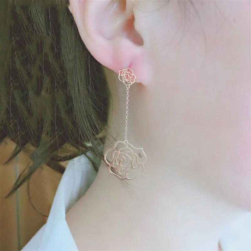 Color Gold Mori Hollow Rose Earrings Temperament Women'S Rose Gold Plated Purple Gold Craft Earrings