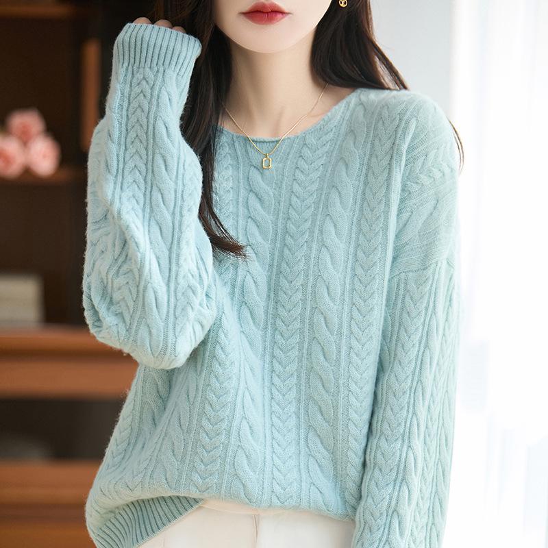 Women's Pure Wool Cable Knit Sweater - Soft, Warm, Round Neck, Long Sleeve Pullover for Autumn & Winter