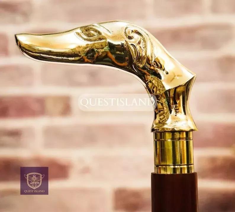 Walking Stick Dog Head Handle Brass Wooden Victorian Foldable Cane Collectible