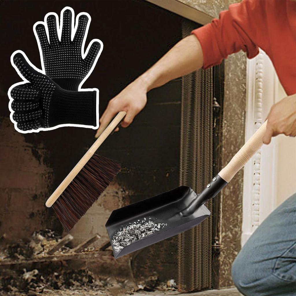 Fireplace Shovel For Ash Heavy Duty Wooden Handle Cleaning Supplies Fireplace Broom And Dustpan Set For Dust Sweeping