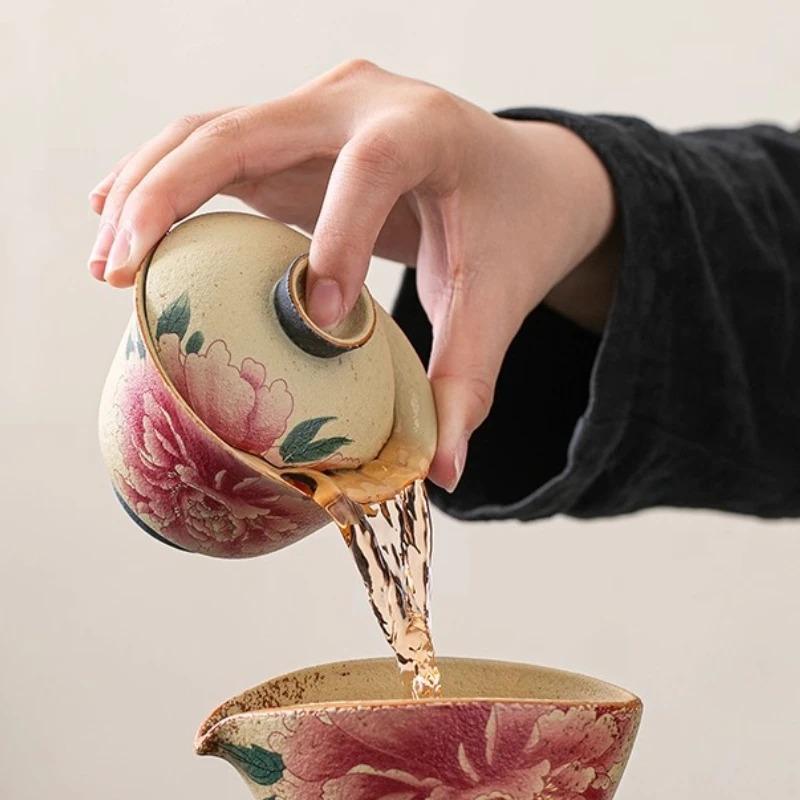 Red Ceramic Three Talents Cover Bowl Tea Maker, Old Retro Peony Small Teapot, Single Household High-end Tea Set