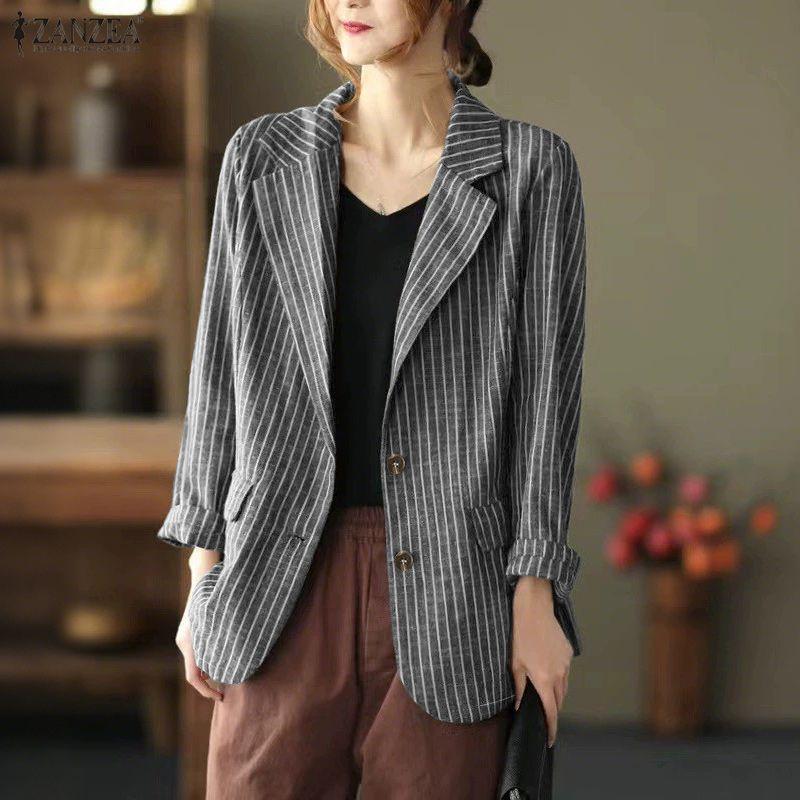 ZANZEA Women Turn Down Collar Casual Long Sleeve Stripe Cardigan Blazer