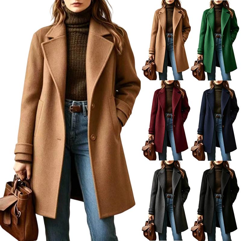Women's Retro Casual Mid-Length Wool Coat with Lapel Collar for Winter Everyday Wear