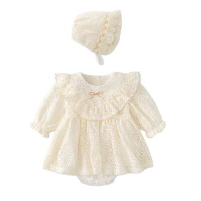 Spring Autumn Baby Girls Lace Romper Dress Outdoor One Piece Princess Jumpsuit Cute Newborn Bodysuits with a Lace Hat 6-18M
