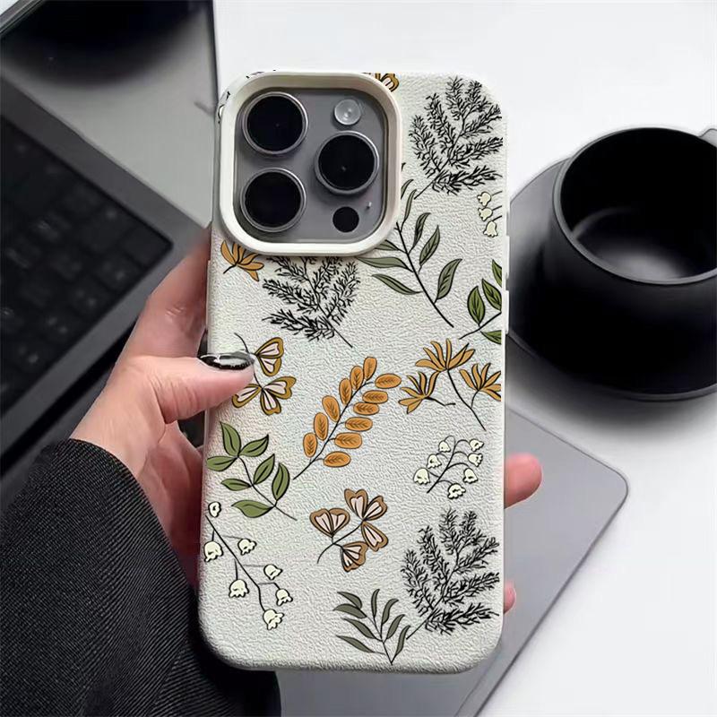 Leaves Pattern Soft Case For iPhone 17 Air 16e 16 15 14 13 12 Pro Max 11 Luxury Leather Texture TPU Silicone Phone Cover Fundas