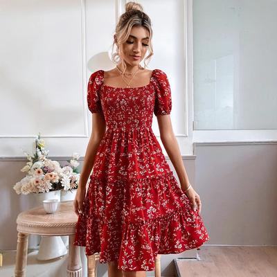 Damska Letnia Boho Casual Sukienka Jednoczęściowa z Krótkim Rękawem i Kwadratowym Dekoltem w Kwiatowy Wzór