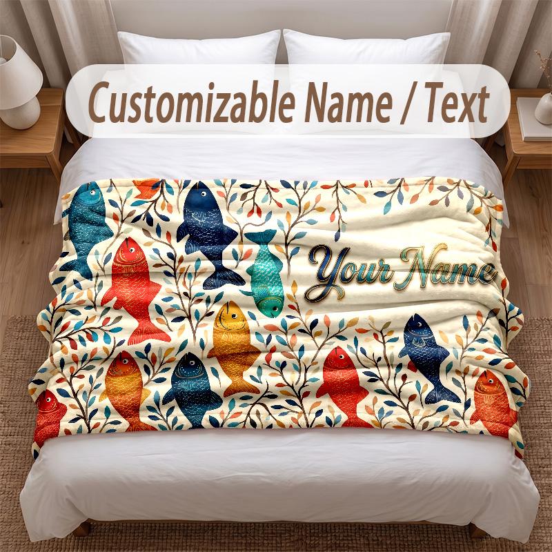 Fish Ocean Theme Soft Blanket Personalized Custom Name Text Print Warm Blanket Home Sofa Bedroom Decor
