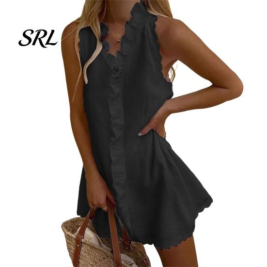 Sundress for Beach Vacation Summer Ruffle Mini Dress Women, Sleeveless V Neck Cotton A-line Linen Short Dress, Boho Casual A-Line Women S