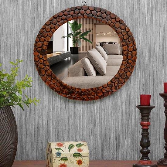 Ručně vyráběný dřevěný rám kulatý nástěnný, zrcadlo do koupelny, obývacího pokoje, k umyvadlu na zeď, do pracovny, kanceláře, hnědý