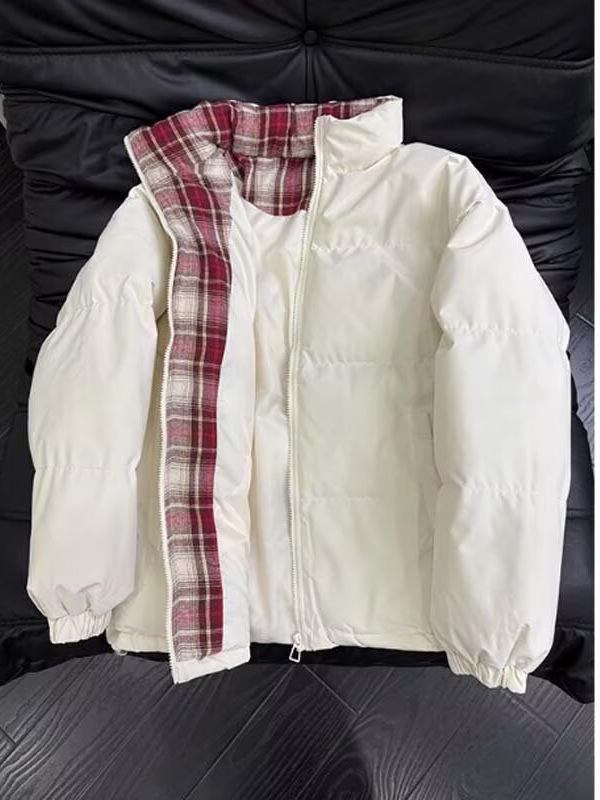 Men's Black Plaid Patchwork Stand Collar Cotton Puffer Jacket - Winter Warm Outerwear