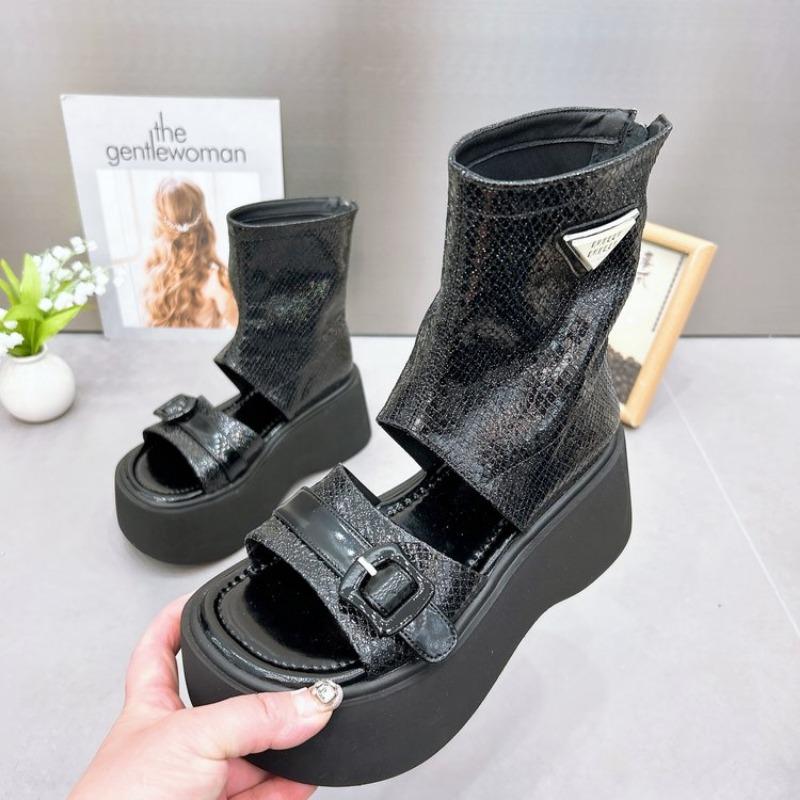 Women Thick-soled Sandals Metal Decoration Heel Wrap Rear Sandals Summer Party Medium Heel Roman Women Shoes Sandalias De Mujer