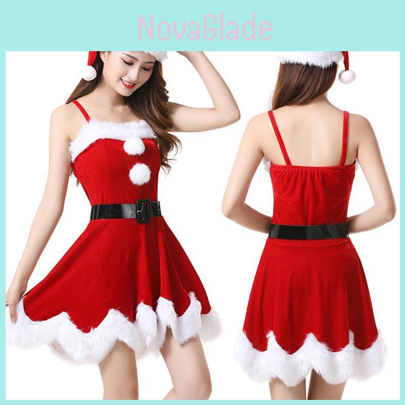 Red Velvet Women Christmas Costume With Soft Touch Santa Claus Dress And Hat