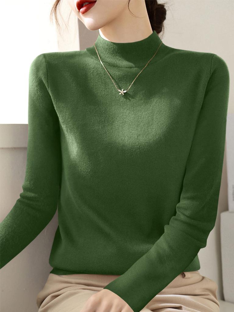 Women Mock Neck Knit Sweater Solid Color Long Sleeve Slim Fit Pullover Basic Layering Jumper Autumn Winter 2025