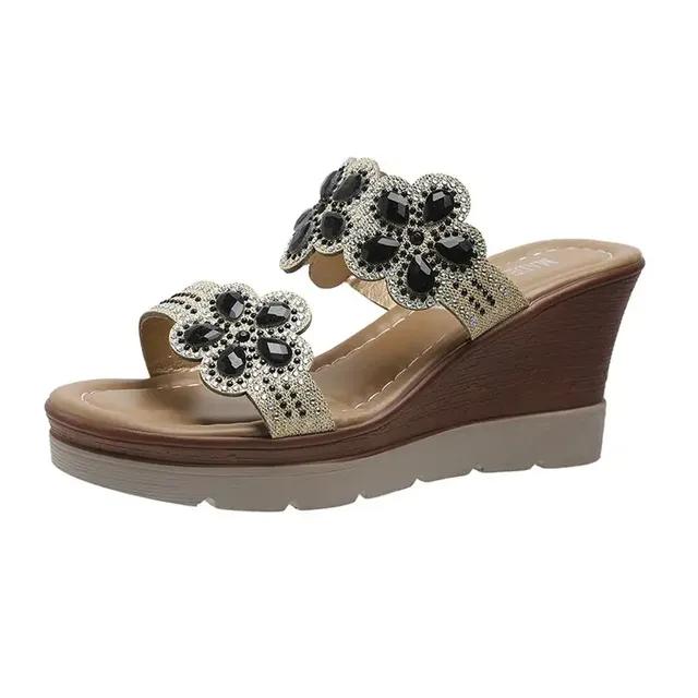 Round Toe Wedges Casual Open Toe Comfort Spring/Summer Rhinestone Embellish Slipper Party Plus Size 35-43 for Everyday Wear