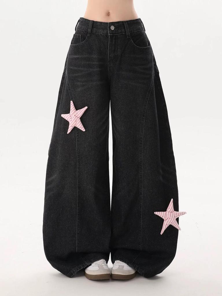 Women's Wide-Leg 3D Star Jeans – Loose, Floor-Length for Spring 2026
