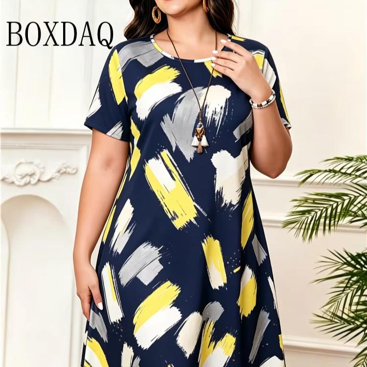 Summer Ladies 3D Printed Short Sleeve Crew Neck Dress
