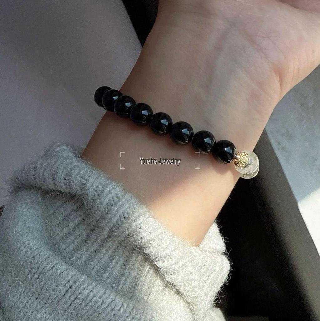 Tian Xiwei Style Green Phantom & White Pagoda Obsidian Bracelet for Women