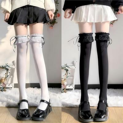 White Pure Lace Stockings Women's Lolita Bow Ribbon Over Knee Socks Versatile Skinny JK Cotton Socks