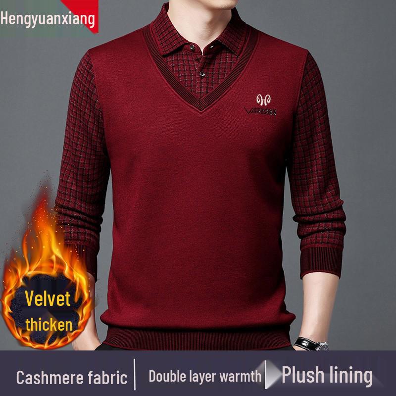 Hengyuanxiang Men's Pure Cashmere Two-Piece Look Thickened Winter Sweater
