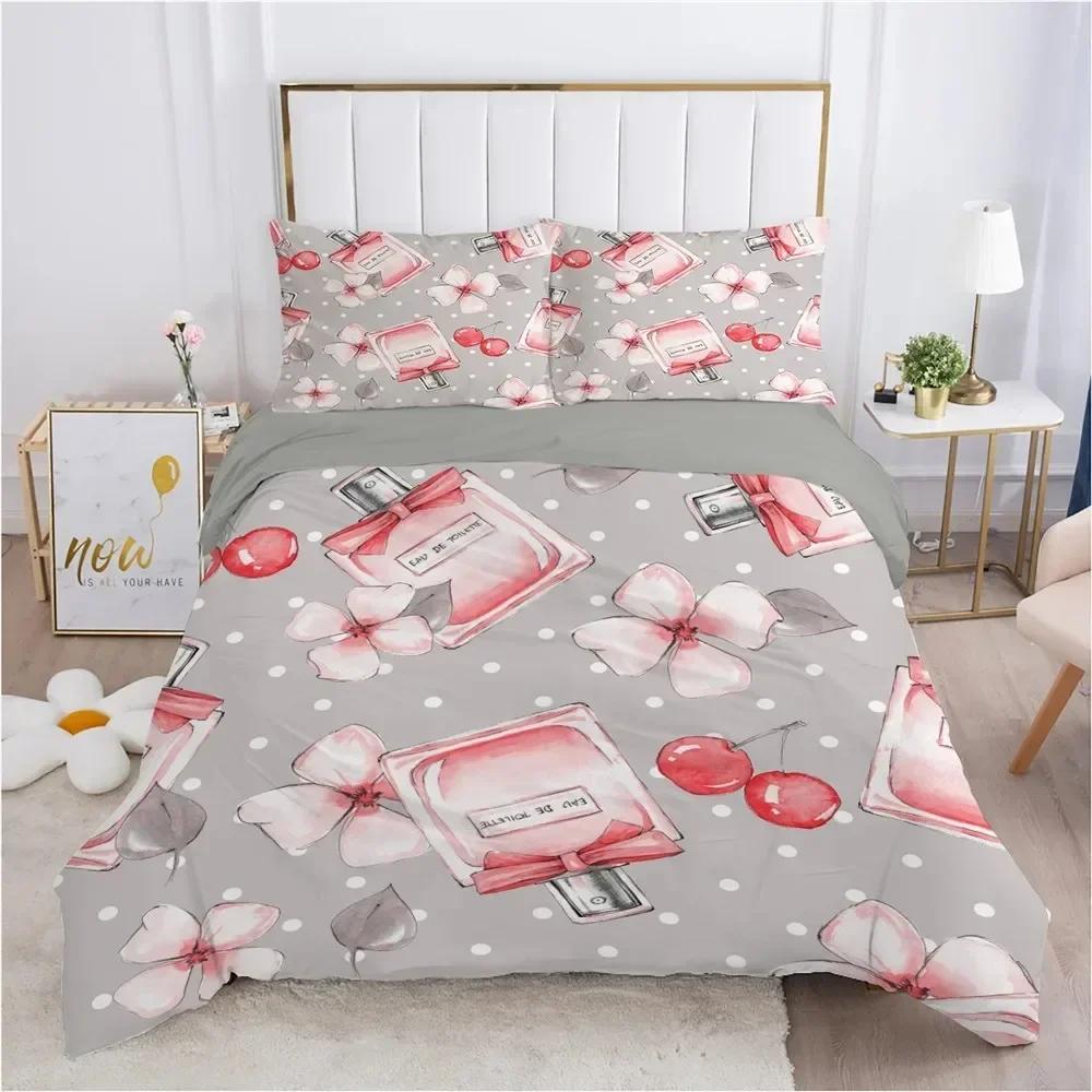 Perfume Floral Duvet Cover Set Pink Makeup Bedding Set With Pillowcase,Girls Women Romantic Fashion Gifts Comforter Cover Set