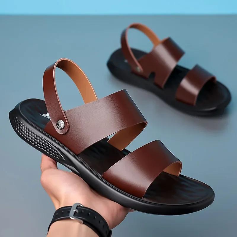 Novos sapatos da moda para homens, sandálias de couro genuíno de verão, sapatos casuais de couro da moda, sapatos de praia legais de rua