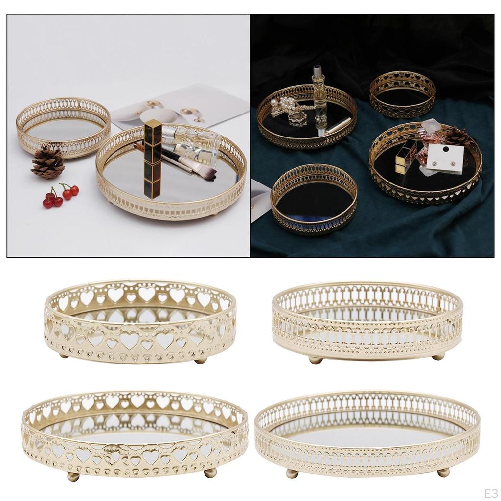 gold Mirror Jewelry Tray Display Stand Decorative Round Holder Plate for Bathroom