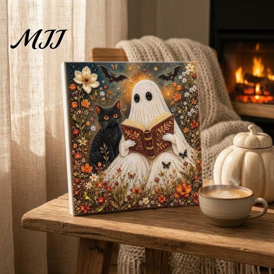 Home Office Desktop Decor Halloween Faux Pearl Art DIY Kit, Spooky Cute 3D Beads Painting Crafts Pre Stretched Canvas for Adults Beginners,
