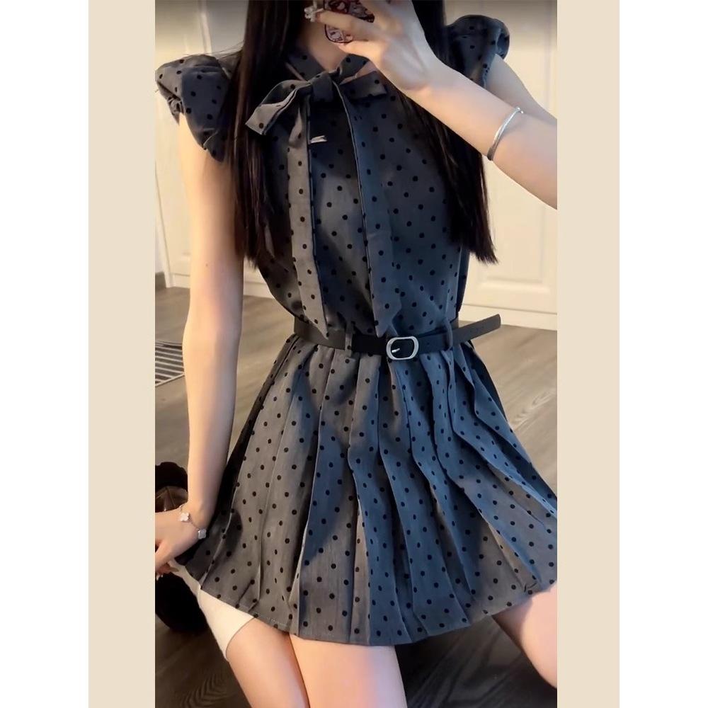 French gray polka dot small flying sleeve dress children's summer new small sweet a word short skirt