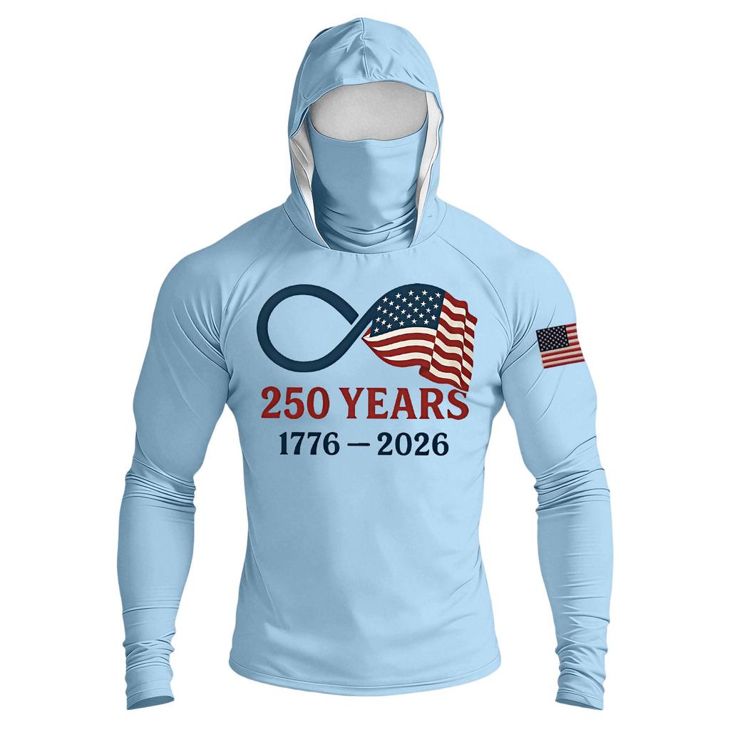 Men's Raglan Sleeve Hooded Long Sleeve Sun Top with Printed Front and Sleeve Design for Outdoor Activities